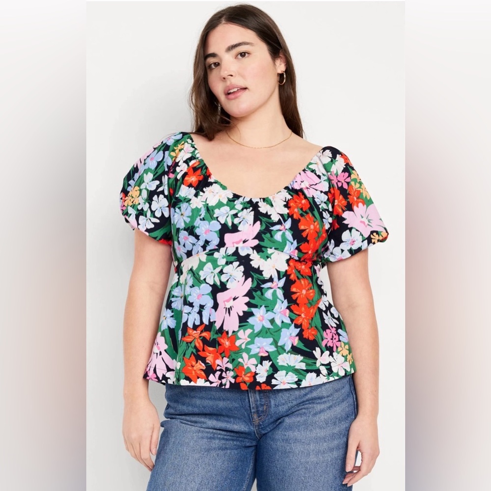 NWT Old Navy Blue Floral Scoop-Neck Waist Defined Puff Sleeve Top